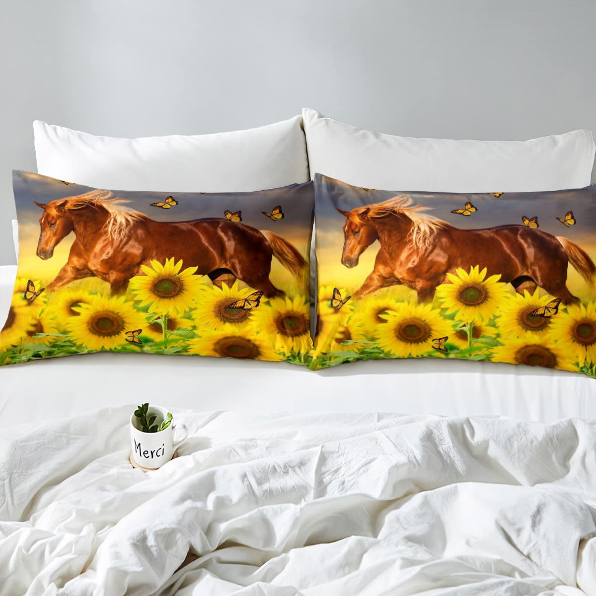 Juego de Ropa de Cama de Caballo Patrón de Caballo galopante Sábana de Cama Sábana de Mariposa Floral para niños Niños Niños Niñas Juego de sábanas de Microfibra Natural Tamaño Individual