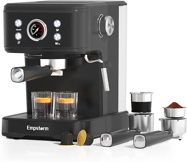 Empstorm Black Espresso Machine with Milk Frother, Cappuccino Machines for Home, Coffee Espresso Machine Suitable for Coffee Powder/NS Original Capsules, Espresso Maker with Thermometer