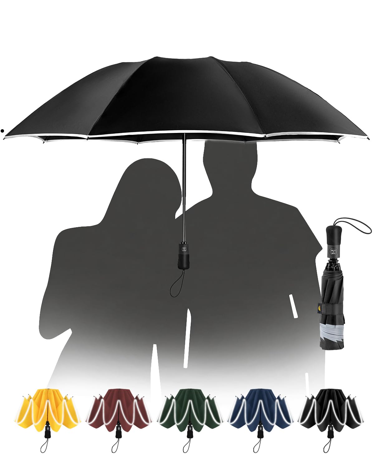 Parasol duży, odporny na burzę, odblaskowy, dla mężczyzn i kobiet – parasol kieszonkowy, automatyczne rozkładanie i wychodzenie, kompaktowy, przenośny, czarny, powłoka 210T, rozpiętość 106 cm
