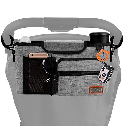 Homlynn Organizador de cochecito, bolsa de almacenamiento para consola de padres, 2 portavasos profundos, almacenamiento extragrande con correa para