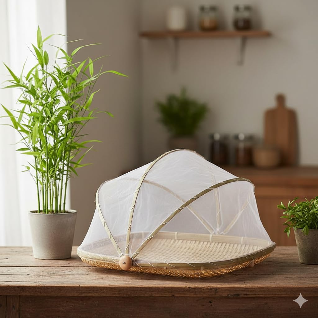 ISVYA Bamboo Tent Basket Food Serving, Mesh Cover, Hand Woven Insect Bug Proof, Dustproof Fruit Vegetable Bread Storage Container for Picnic, Outdoor, Home Drying-image-31