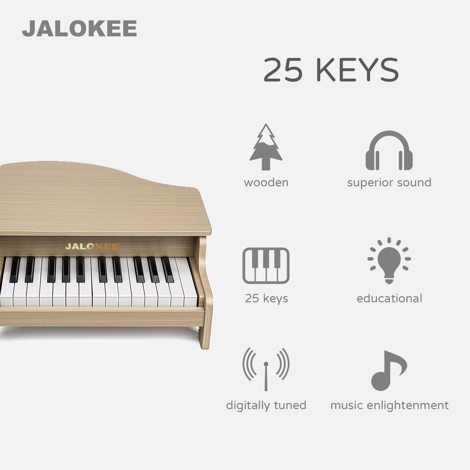 Klawiatura fortepianowa dla dzieci, 25 klawiszy, miniaturowy fortepian z ogonem, drewniany instrument edukacyjny, regulowana głośność, odpowiednia dla dziewczynek i chłopców (Dąb)
