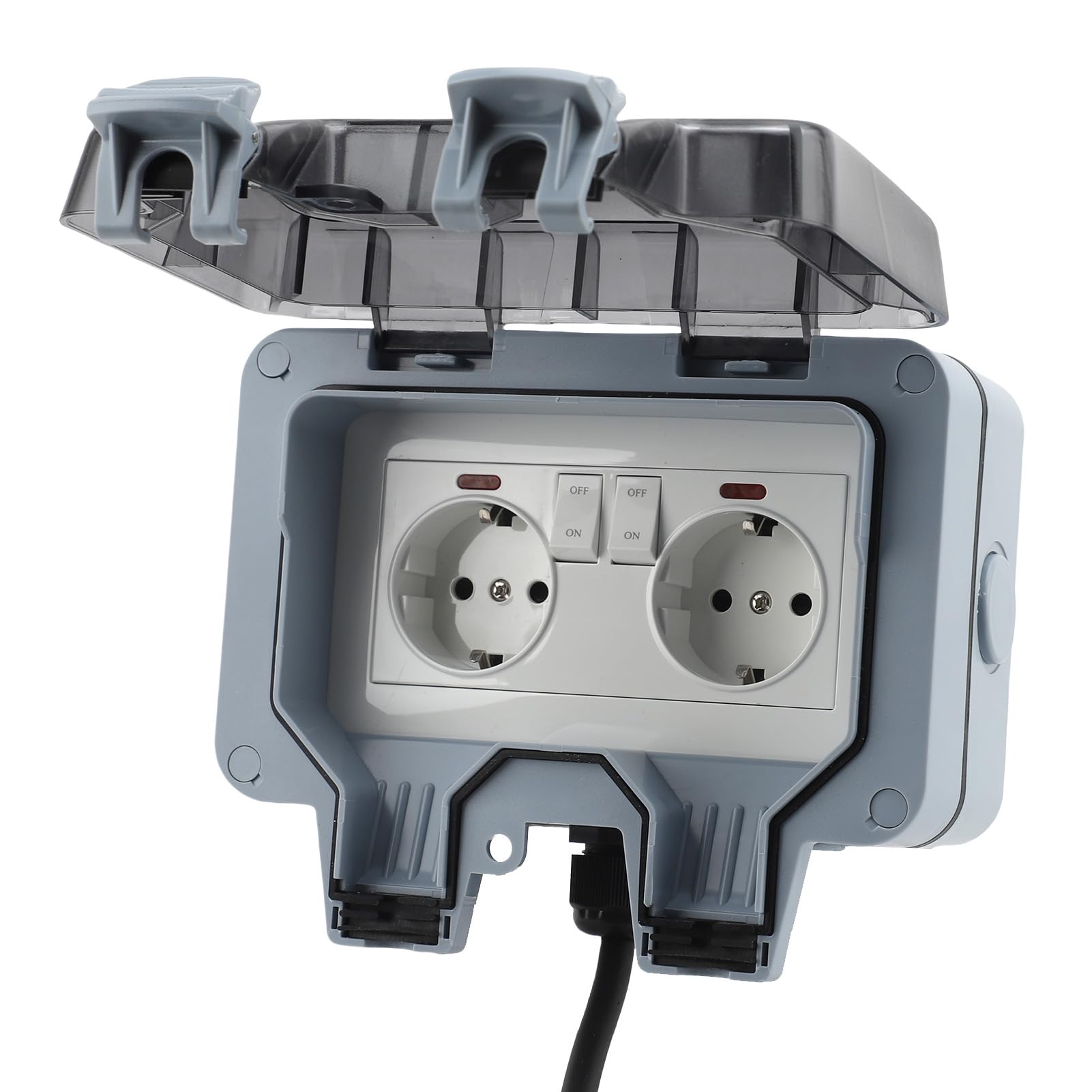 Aramox Toma de Corriente para Exteriores, Enchufe de Pared Resistente a la Intemperie, IP66, a Prueba de Lluvia, Caja de Tomacorriente Exterior de 2 Bandas con Interruptor Independiente y (5 metros)