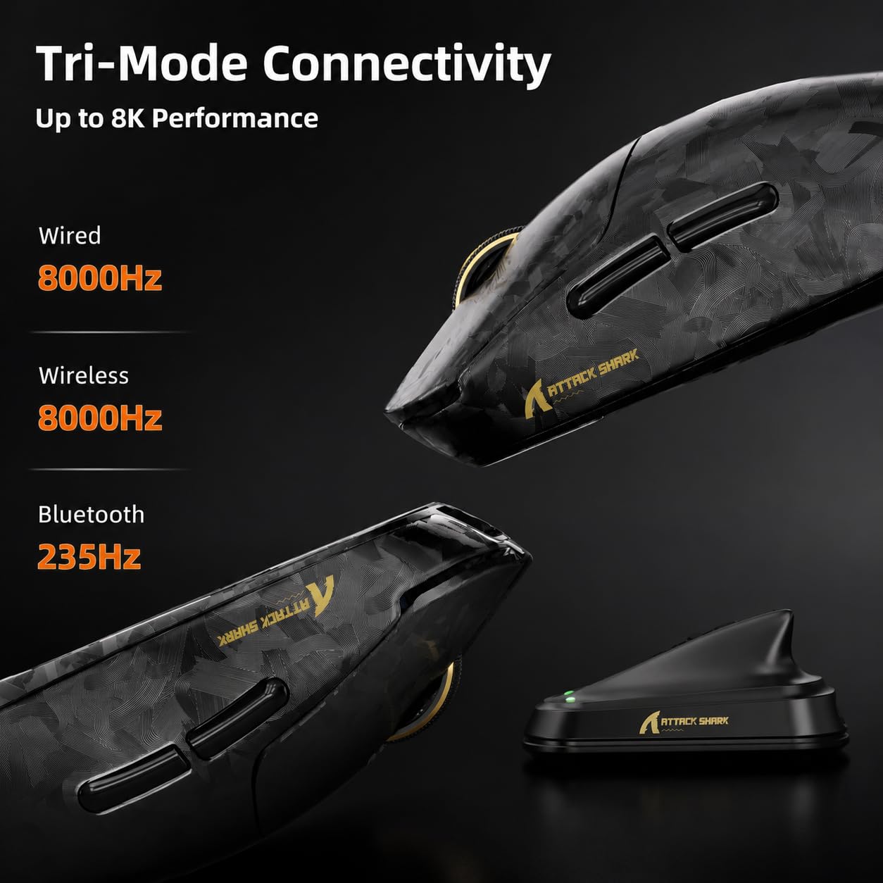 ATTACK SHARK RS3 Ultra Mysz Carbon Fiber & C06 Ultra Kabel-Czarny B | Podwójna Częstotliwość Odświeżania 8000 Hz, Sensor PAW3955MAX, MCU Nordic 54L15, Do 52 000 DPI, 20 000 FPS, Ultralekka 63g