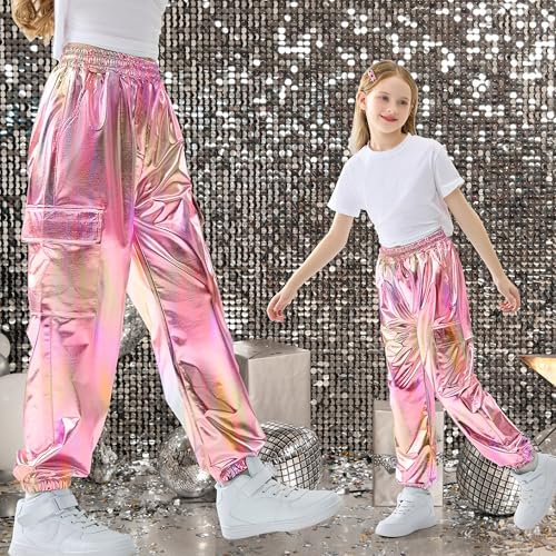 Image of Rolanko Girls Shiny Metallic Cargo Pants, Sparkle Jogger Pants for Girls Hip Hop Dance Streetwear Cargo Trousers 6-15 Years