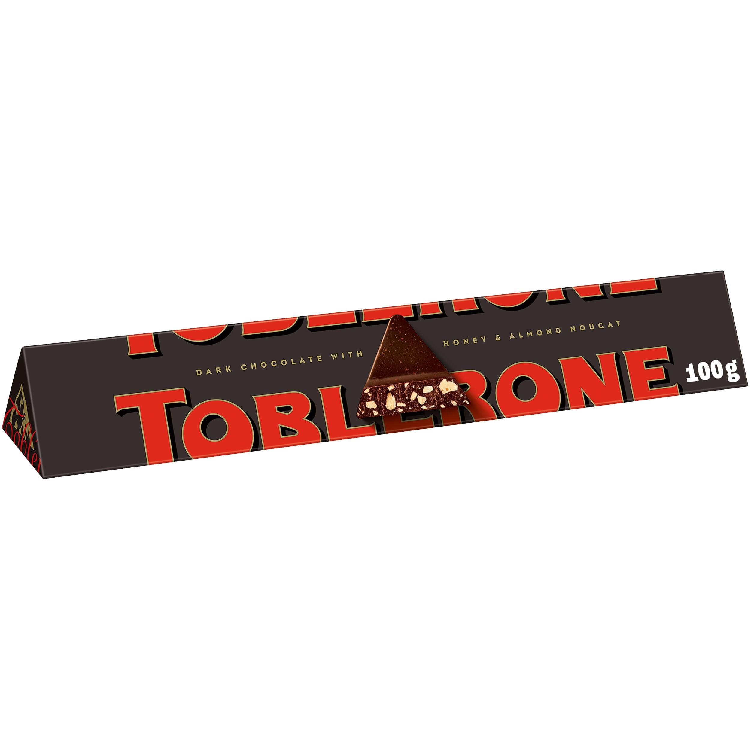 Toblerone Dunkel Zartbitterschokolade mit Honig & Mandel-Nougat, 20 x 100 g | Genießen Sie luxuriöse Zartbitterschokolade mit Honig, Mandel-Nougat, einzeln verpackt für Frische