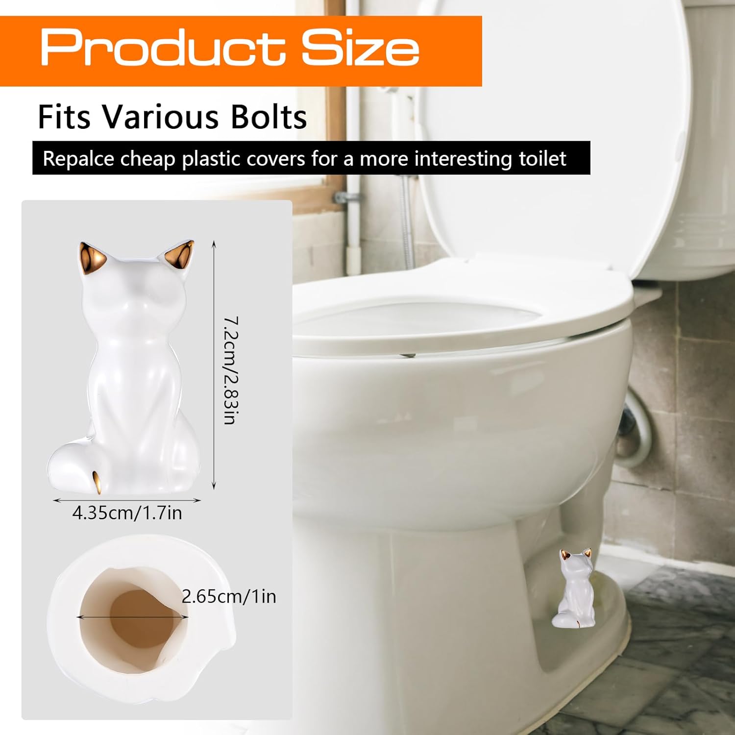 2Pack Toilet Bolt Covers, Ceramic Toilet Bolt Caps Lovely Cate Toilets Screw Cover Caps, Fun Animals Themed Gadgets for Toilett Bolts Cover