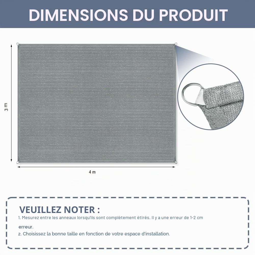Voile d'ombrage Rectangulaire, 3 x 4M Toile Ombrage Imperméable | Protection Solaire, Protection UV 90%, HDPE, Voile Ombrage Jardin avec Cordons, pour Patio,Terrasse,Balcon(Gris Foncé)