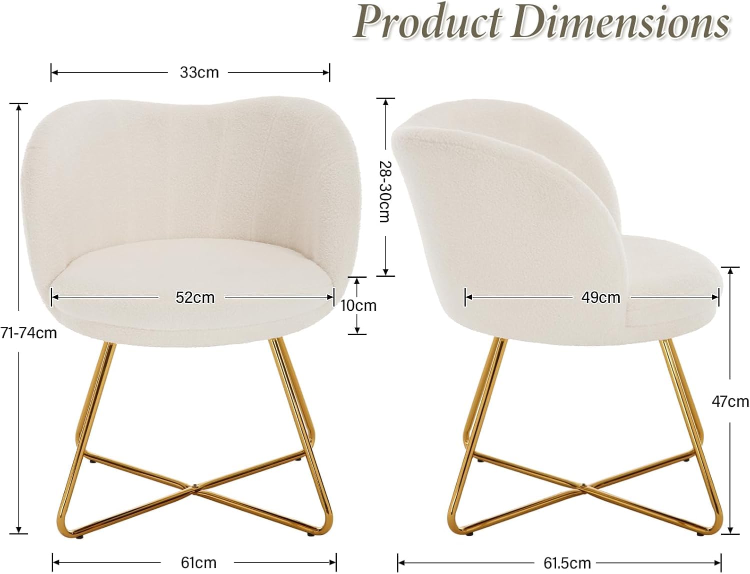 chairus Schminktisch Stuhl aus Kunstfell, Sessel Wohnzimmer Gepolstert Loungesessel Polsterstuhl Armlehnstuhl mit Gold Metallbeinen für Schlafzimmer & Wohnzimmer, Weiß