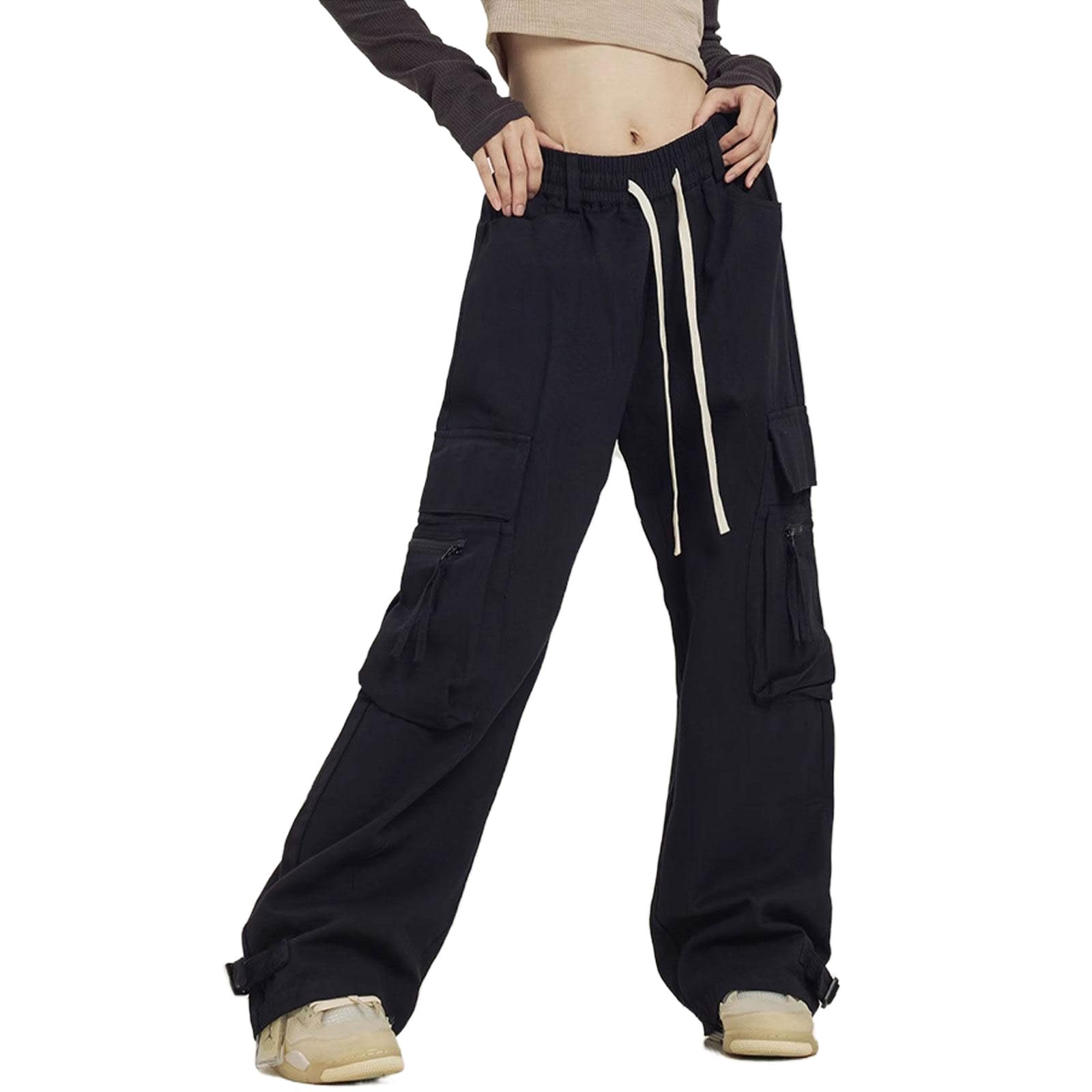 Womens Purple High Waist Wide Leg Baggy Cargo Pants with Drawstring Multiple Pockets Y2K Streetwear Hip Hop Parachute