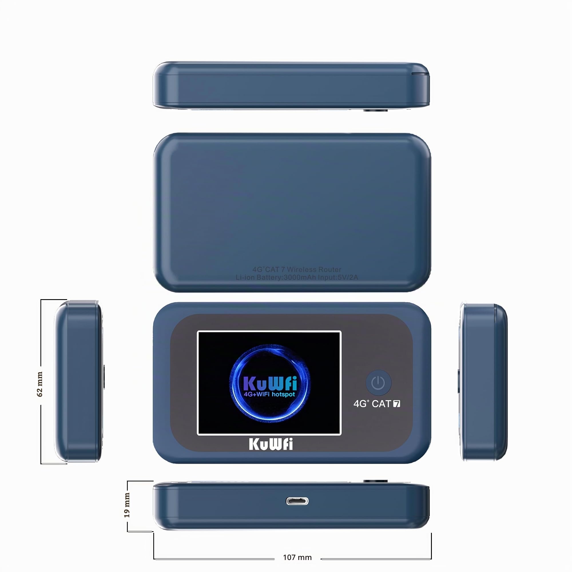 KuWFi Routeur WiFi 4G+ Portable, Hotspot LTE Cat7 Débloqué pour Voyage | Routeur WiFi Double Bande 300 Mbps, Batterie 3000 mAh, Carte SIM 2 Go Incluse, Idéal pour Camping-car, Voyages et Télétravail