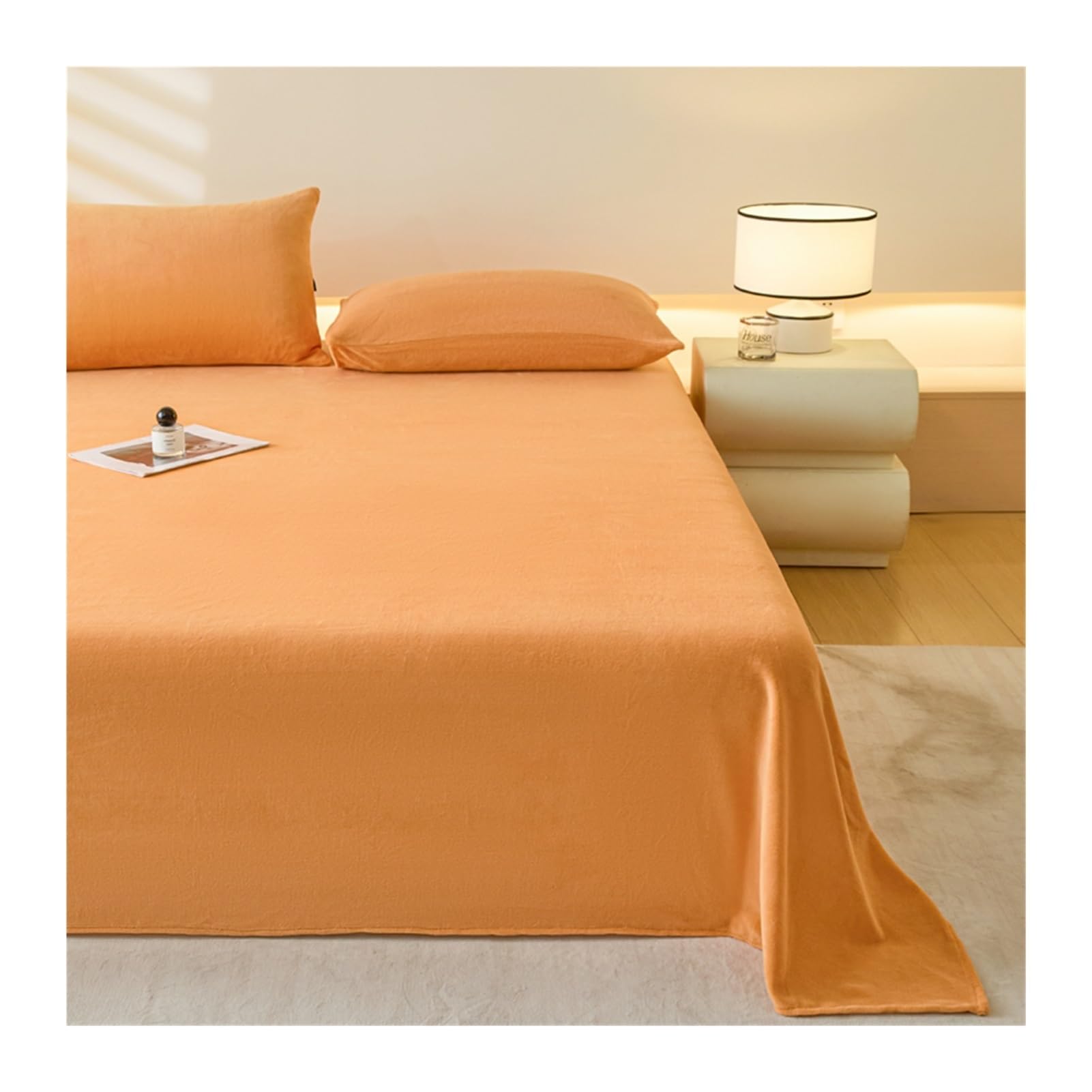 Flanell Betttuch Bettlaken ohne Gummi Einzelbett Doppelbett Cashmere Touch Warme Samt Betttuch ohne Gummi Leintuch(Orange,245x270cm)