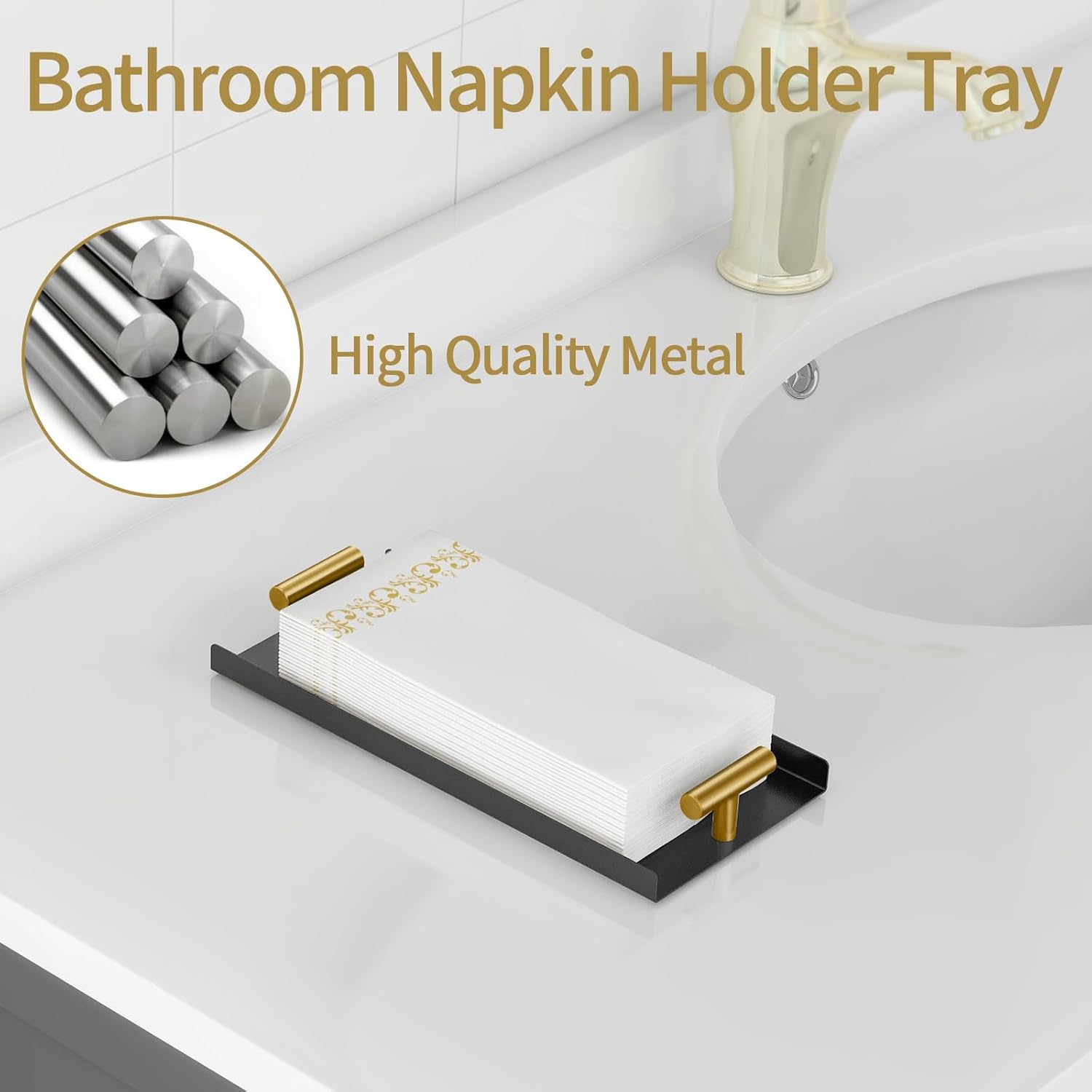 Napkin Holder for Bathroom, Guest Towel Holder Tray for Bathroom, Black Guest Napkin Holders with Golden T-Handle, Disposable Hand Towel Tray for Guest Room, Table, Kitchen - Image 2