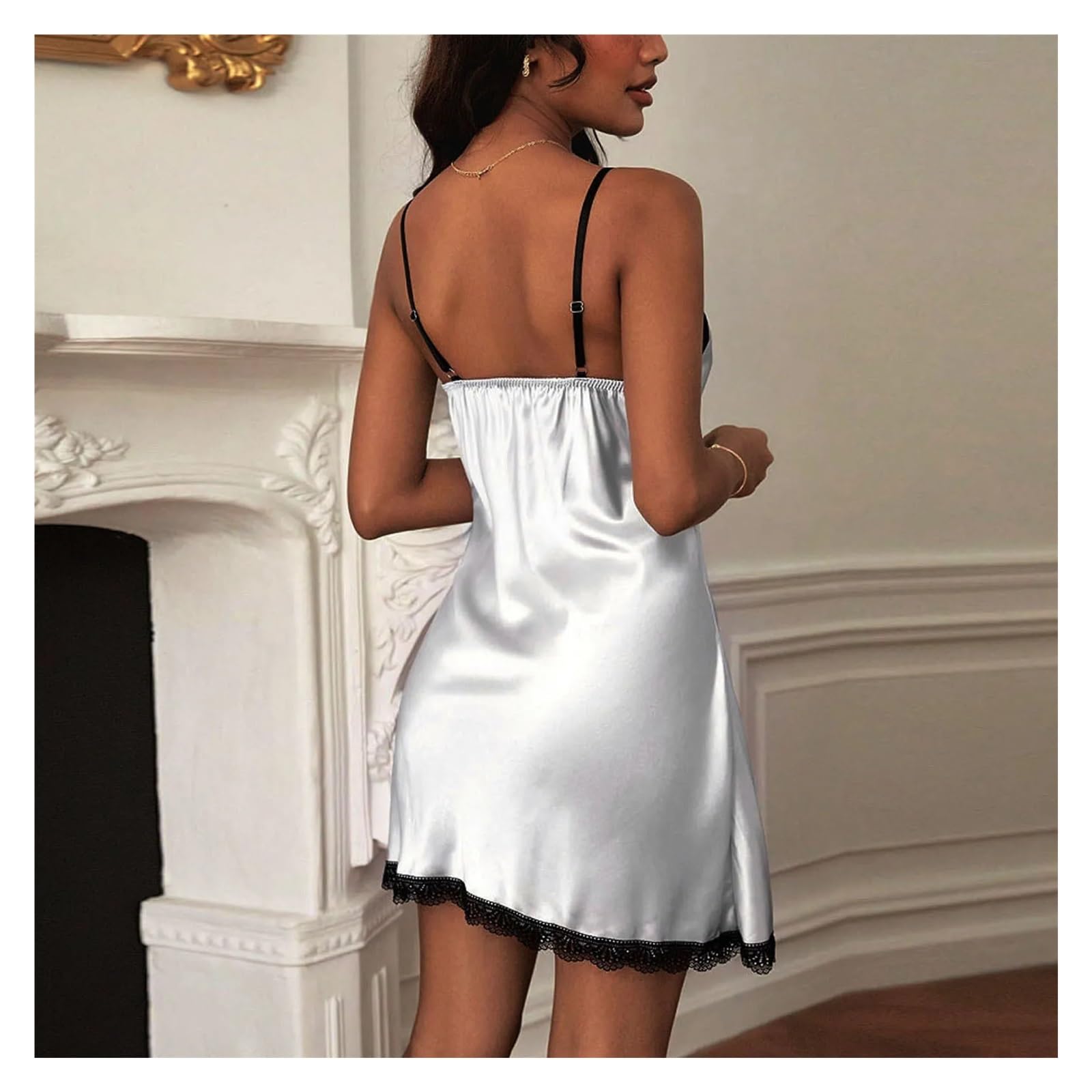 Sottoveste Seta Lingerie da Notte Sexy in Pizzo Bianco con Scollo a V e Abiti da Notte da Donna in Raso di Seta con Spalline e Maniche a Pipistrello(S)