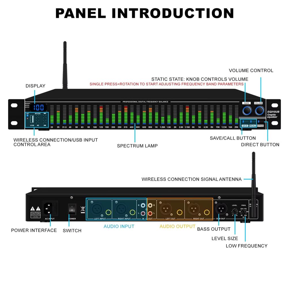 Ecualizador Digital EQ31SUB Sintonizador de 31 Bandas Procesamiento de Audio con reducción de Ruido de Escenario Profesional Ecualizador gráfico estéreo con Pantalla LED de Espectro