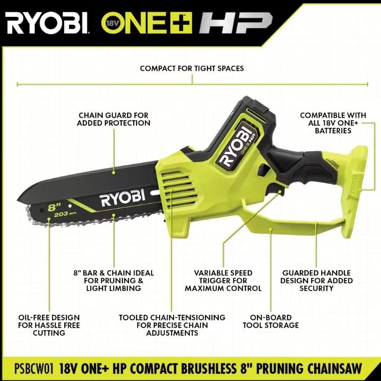Image of RYOBI 18V Brushless 8 in. Battery Compact Pruning Mini Chainsaw (Tool Only) | PSBCW01 - Battery and Charger Sold Separately