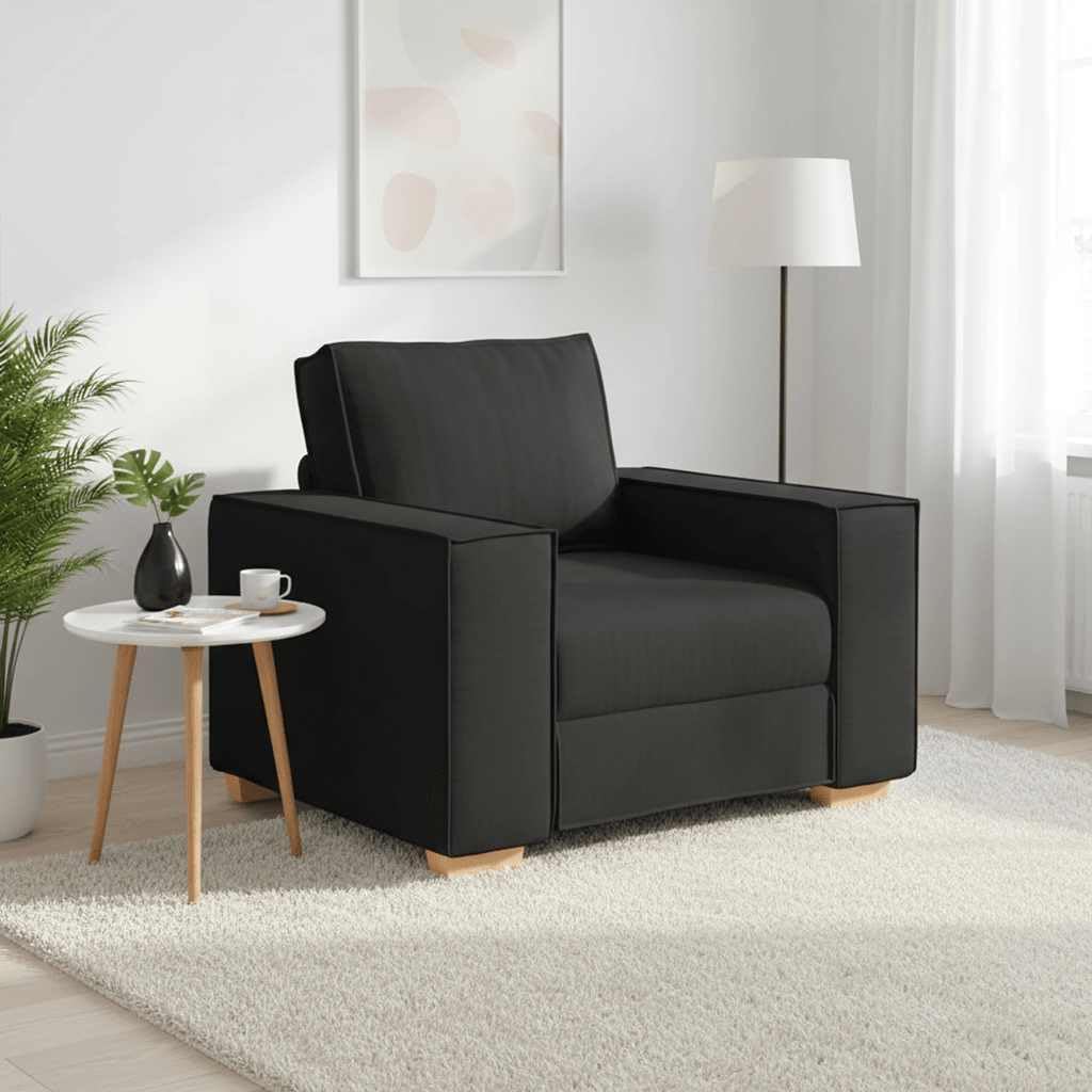 Sofa krzesło czarne 60 cm materiał, fotel z szerokimi podłokietnikami, przytulny fotel pojedynczy do salonu, biura, wytrzymała tkanina poliestrowa, stabilny stelaż z drewna i metalu