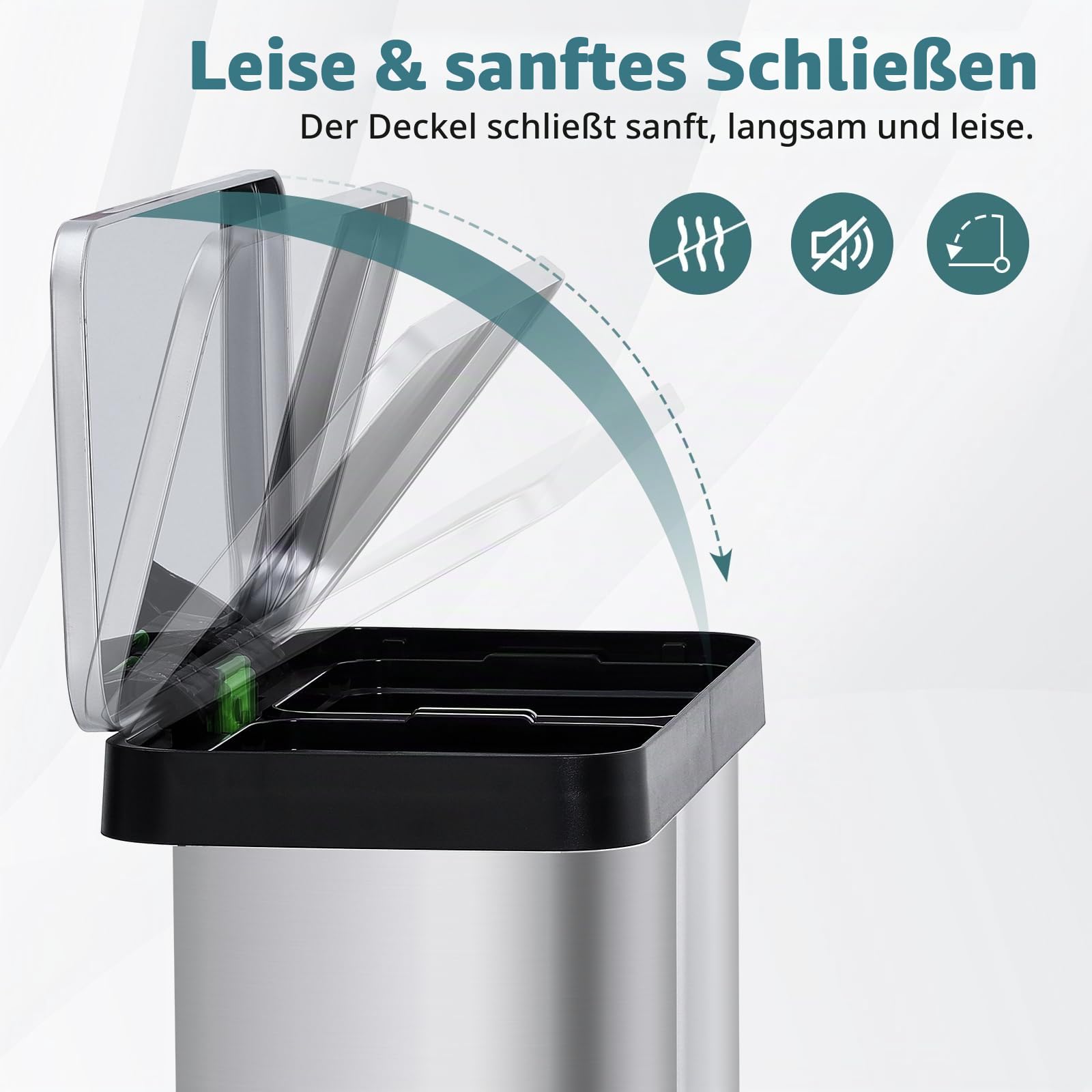 GarveeHome Mülleimer Küche,2 x 36 L Mülltrennsystem Edelstahl Mülleimer 2 fächer tretmülleimer Doppeldeckel mülltrennung getrennten Fächern berührungsfreie Bedienung geräuscharme für Küche Haushalt