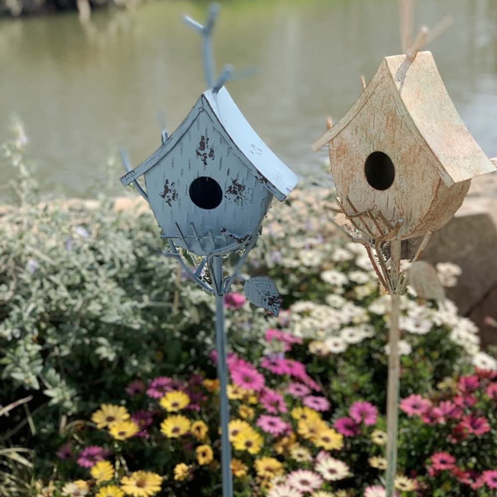 Casas de pájaros para exteriores con poste, estaca de metal para exteriores, casa rústica para pájaros en soporte de poste para decoración de casa de pájaros, decoración decorativa de jardín y patio