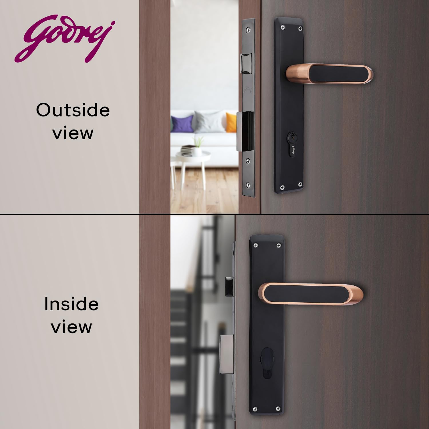 Godrej Mortise Lock|Handle Lock Set for Main & Internal Doors of Home & Office|NEH 21|Antique Brass Finish|10 Inch Lock Body | 60mm Cylinder, Outside Key & Inside Knob Operation|3 Keys|1Year Warranty — Amazon image 2