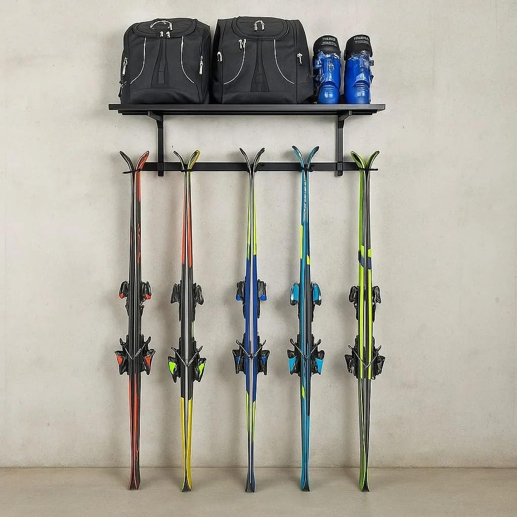 Divit Skihalterung Wand Skihalter Geräteleiste mit verstellbaren Metallhaken bis 136 kg - Schwarz