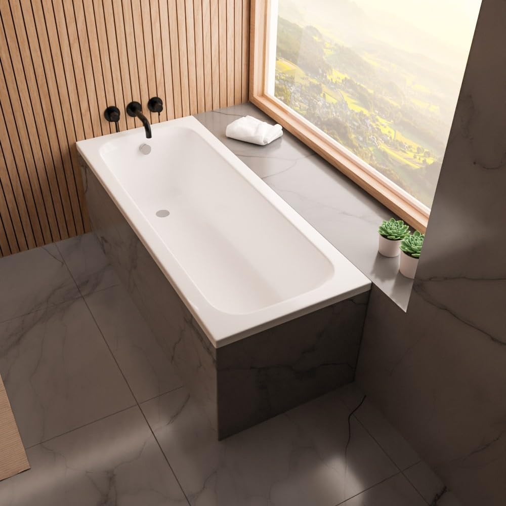 ECOLAM Baignoire Pola 180x75 cm revêtement polystyrène siphon silicone | Revêtement en polystyrène pour carrelage, Vidage et trop-plein automatique, Pieds inclus, Silicone inclus