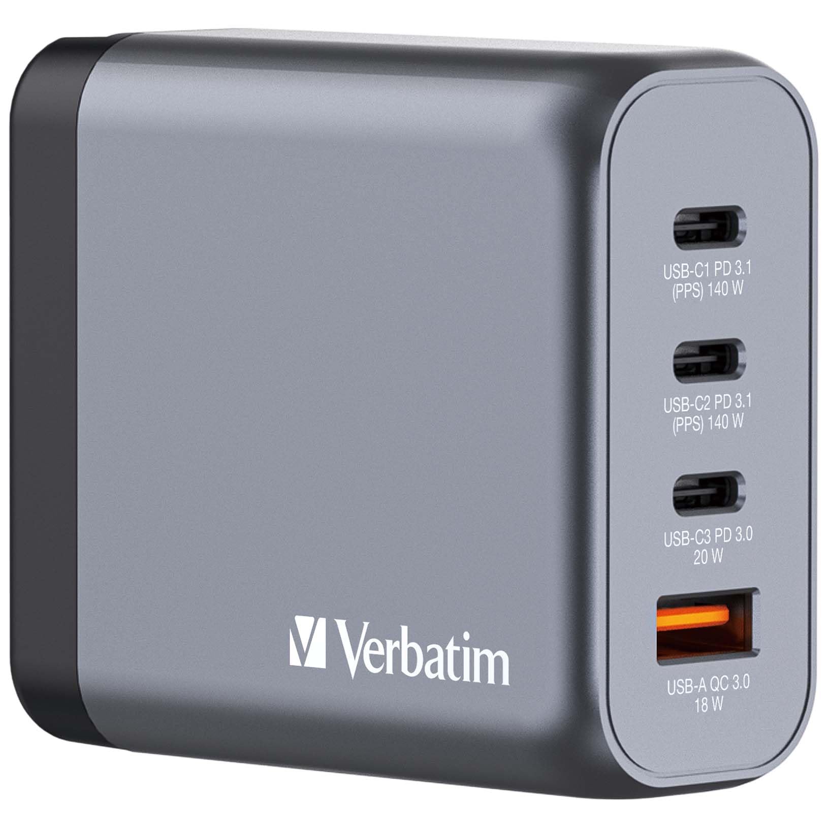 Verbatim GaN Charger 140 W, 4 Ports USB-C Ladegerät, Power Adapter mit 3 x USB-C und 1 x USB-A, Schnellladegerät als Mehrfachstecker, für Apple MacBook, Notebook, iPad, iPhone, Samsung und Co