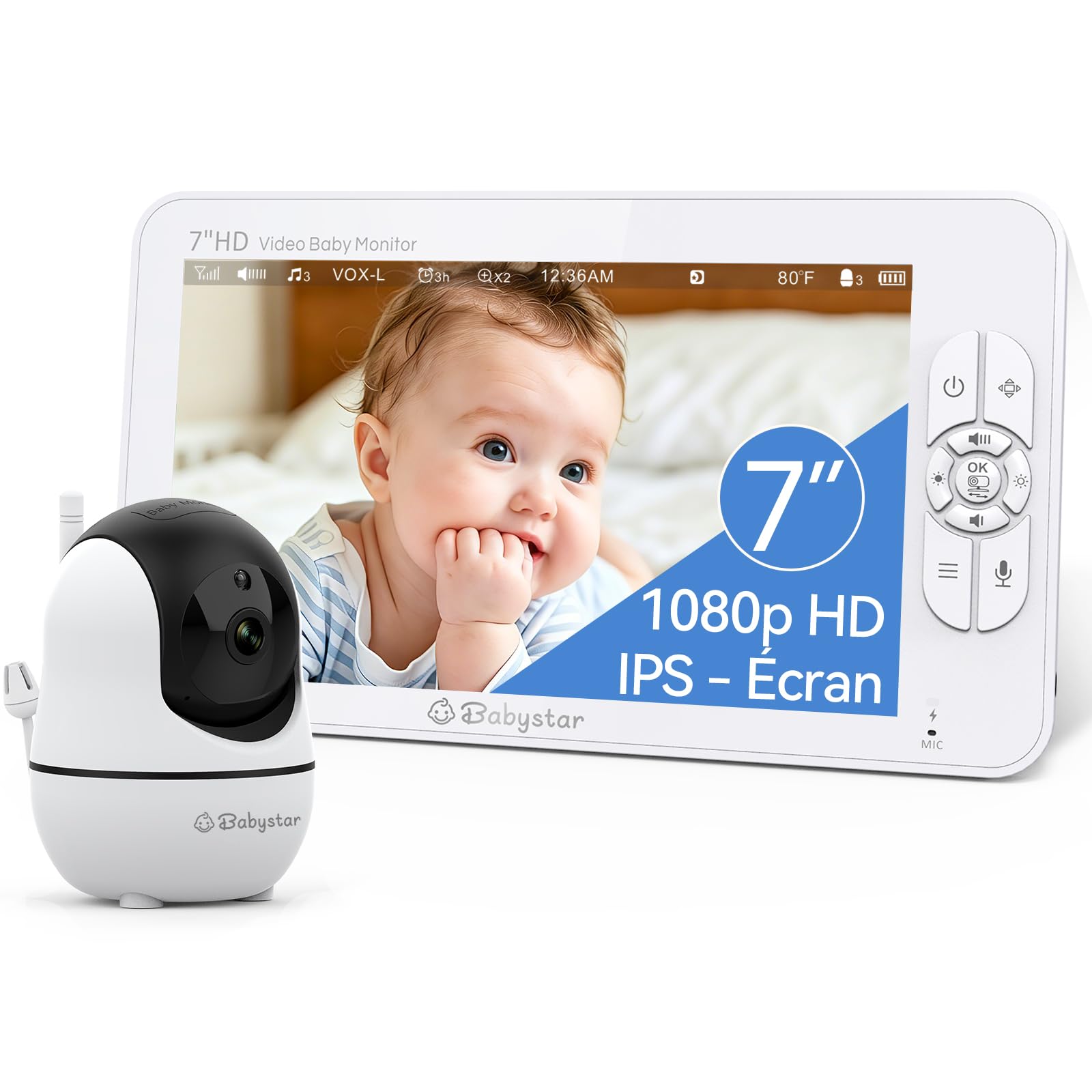 Babystar Camara Vigilancia Bebe con 7" 1080P HD Pantalla Vigilabebés con Cámara, Sin WiFi,Monitor de Video para Bebé Sin WiFi, Batería de 4000mAh, Audio Bidireccional, Zoom 4X, Visión Nocturna, VOX