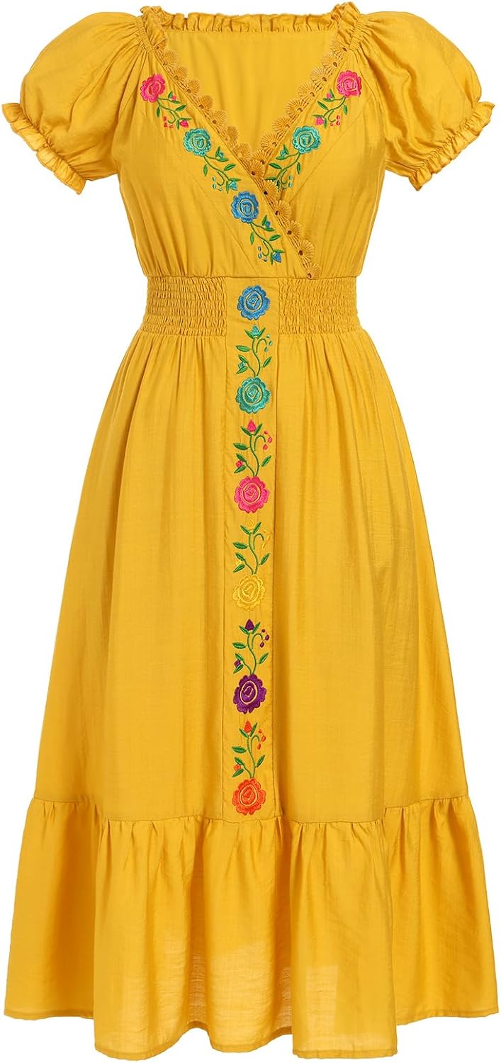 Women Mexican Dress Floral Embroidered Traditional Fiesta Dresses Summer V-Neck Short Sleeve Cinco De Mayo Outfits
