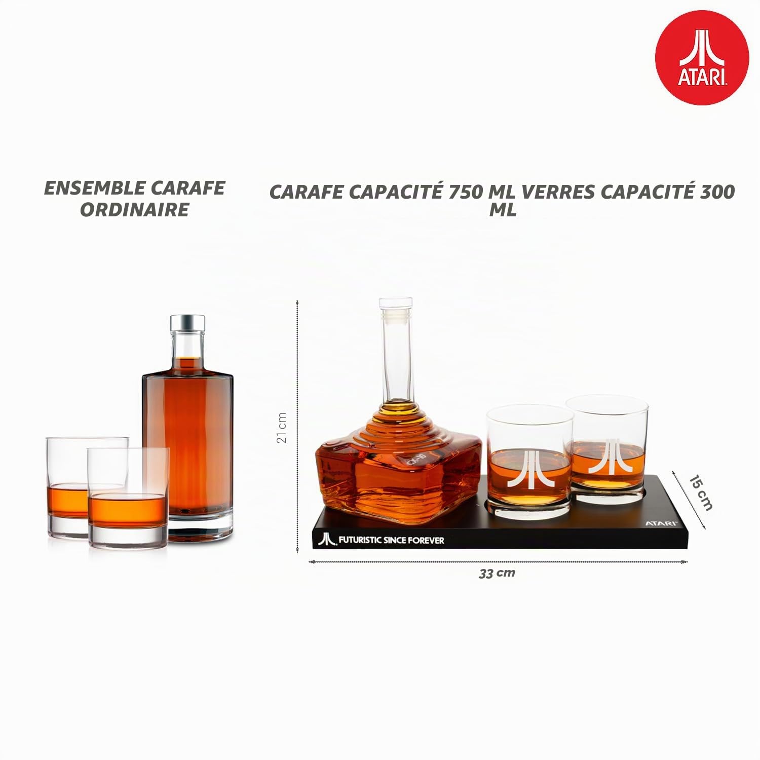 Ensemble de carafes officielles Atari Joystick avec 2 verres à whisky à bouton d'action Atari et plateau CX78+ pour whisky, scotch et gin, carafe de 750 ml, verres de 300 ml, cadeau d'anniversaire