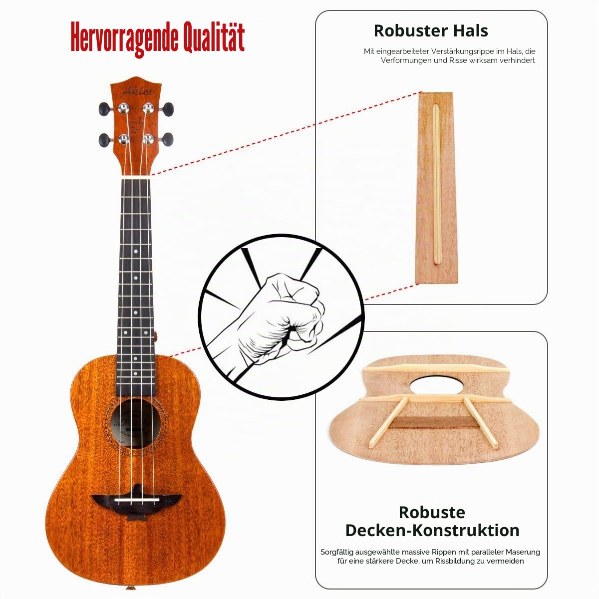 Ukulele Aklot Konzert Ukulele Erwachsene Solides Top Mahagoni Ukelele 23 Zoll mit Kostenlosen Online Kurs 8er Pack Anfänger Starter-Set (Gigbag Plektren Stimmgerät Gürtel Reinigun)