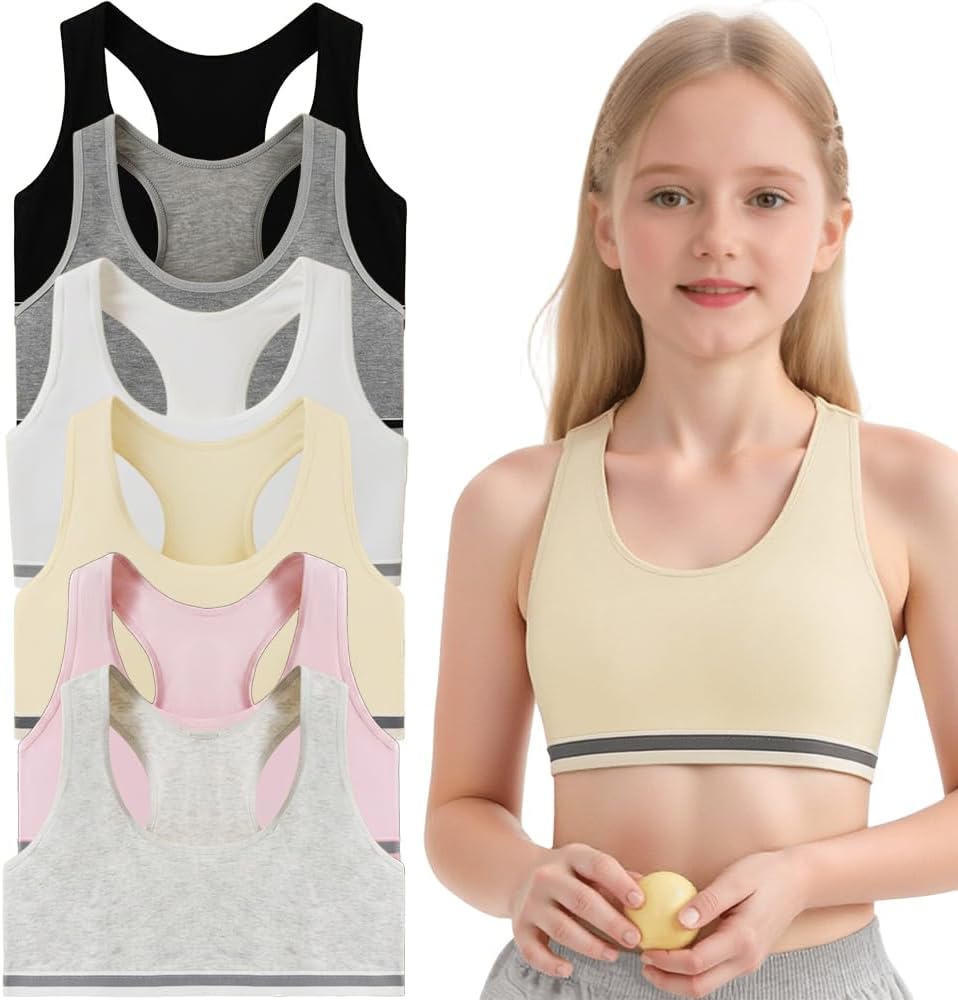 6-Pack Girls'Sports Bras Vest-Style underwearFor Training Sleep & Everyday Wear for Girls 7-10 Years Old