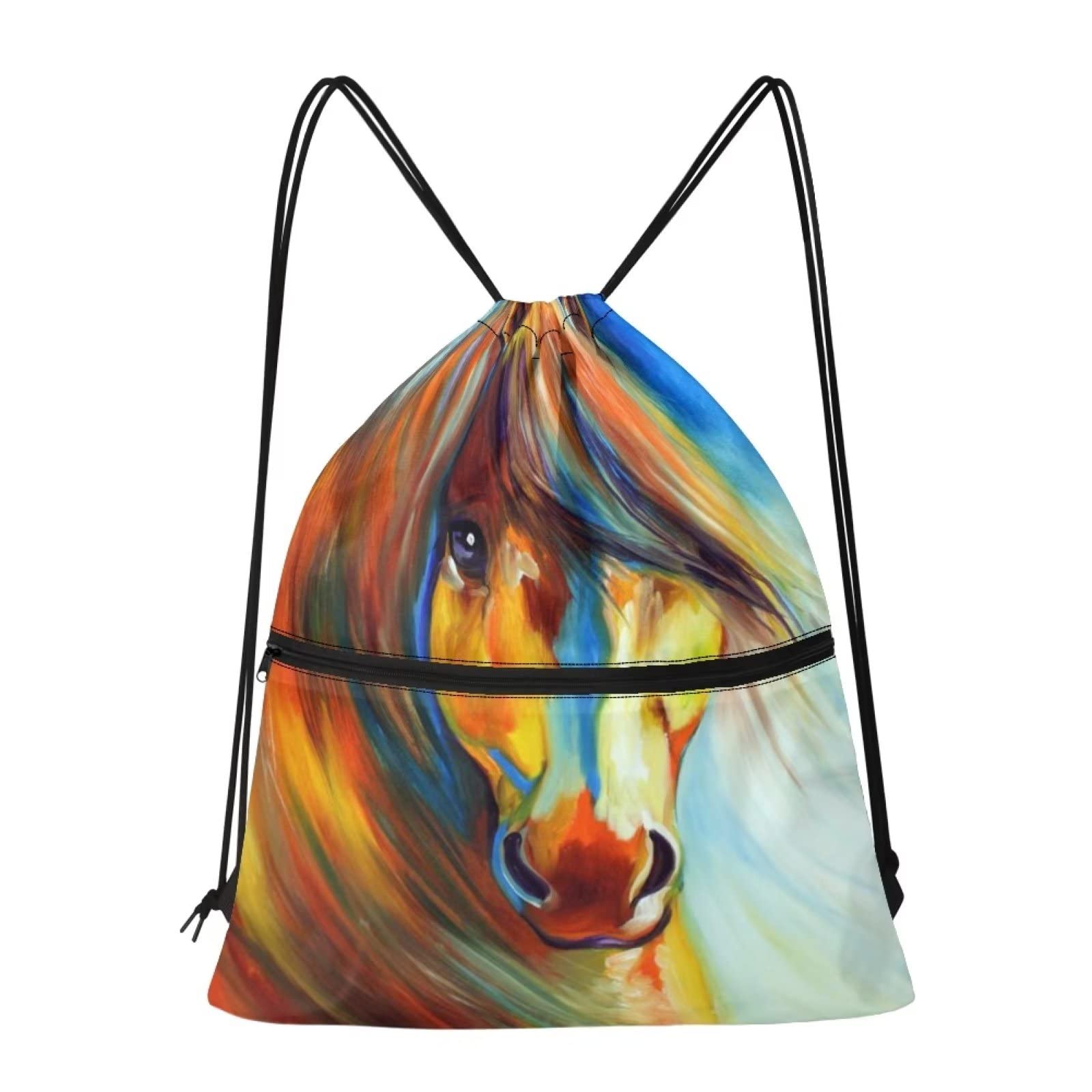 Dolyues Horse Drawstring Bags for Children Kid's Swimming String Bag Large Lightweight Shoulder Backpack with Zipper Pocket Animal Gymsack