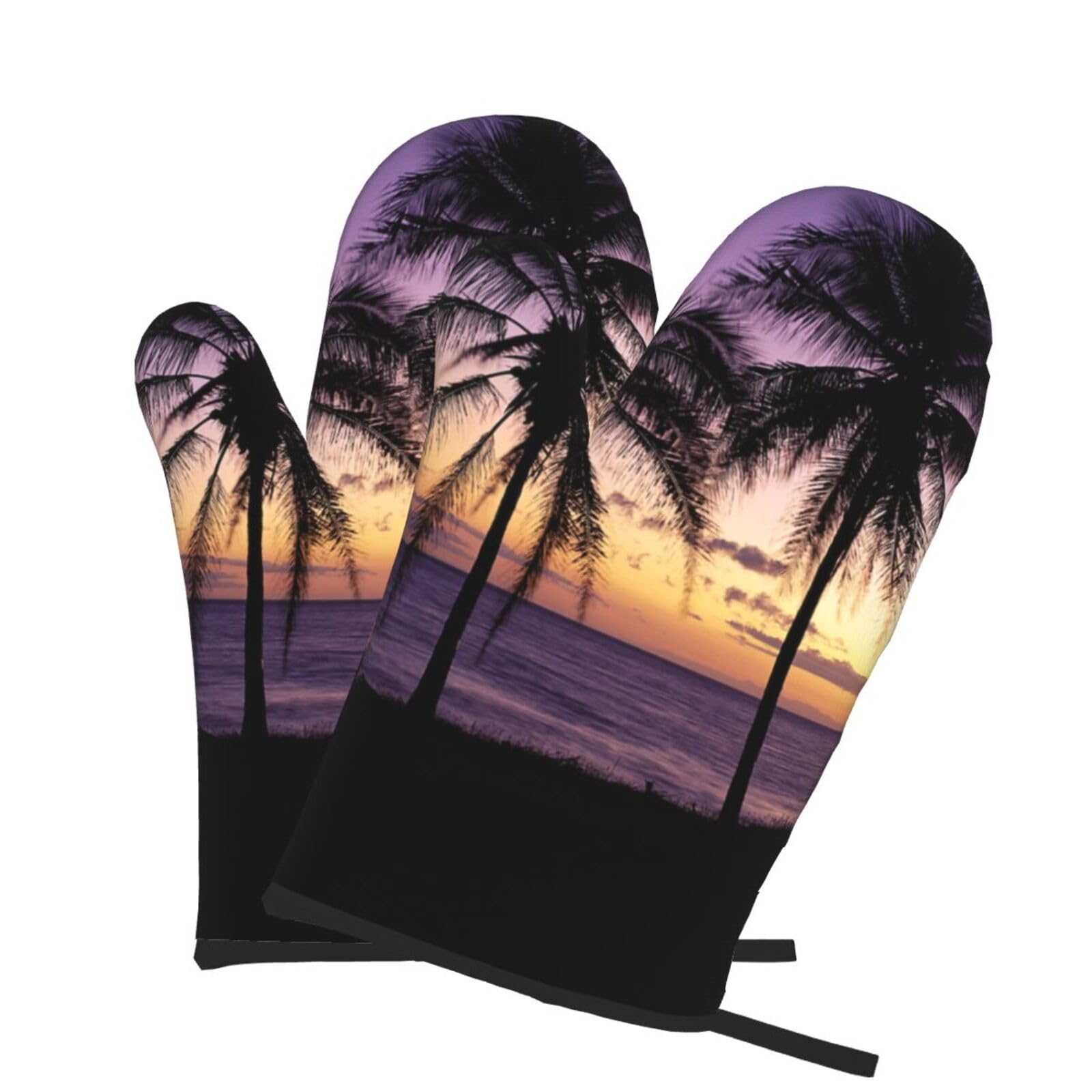 Oven Mitts Set of 2 Pcs, Sunset Beach Palm Tree Prints Heat Resistant Kitchen Gloves for Cooking Baking Grilling