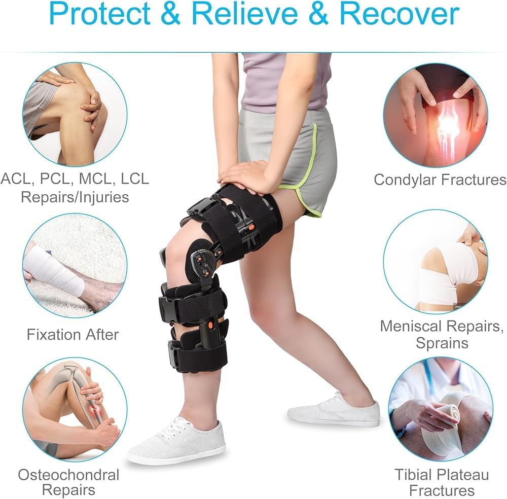 Ginocchiera regolabile incernierata con blocco ROM e stabilizzatori laterali - Supporto post-operatorio ACL/PCL/MCL, immobilizzatore ortopedico per gamba sinistra per uomo/donna, lesioni sportive e