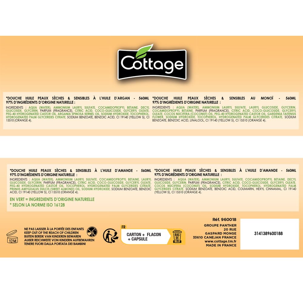 Cottage - OFFERTA SPECIALE - Confezione variegata 6 docce Olio Extra Nutrienti 560ml - 97% di ingredienti di origine naturale - Made in France
