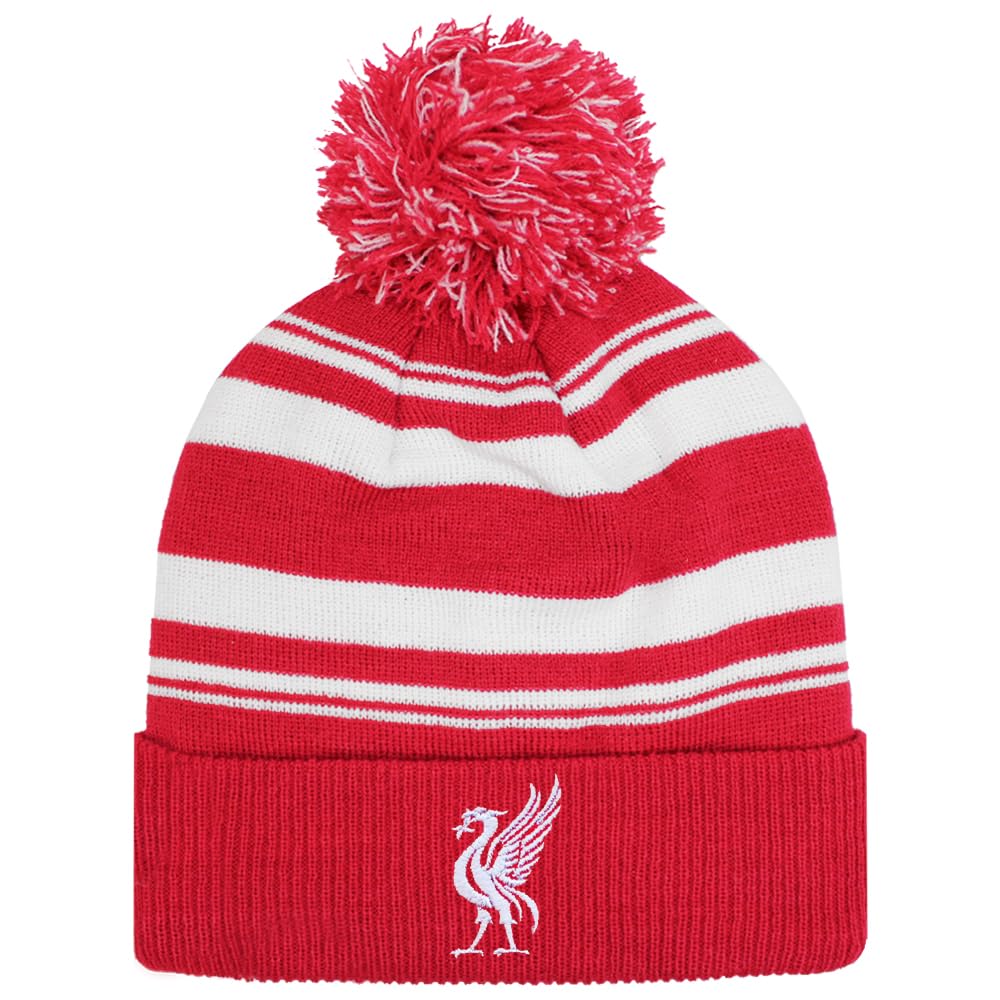 TeddyT's Men's Liverpool Liver Bird Embroidered Stripy Sports Bobble Beanie Hat (UK, Alpha, One Size, Red)