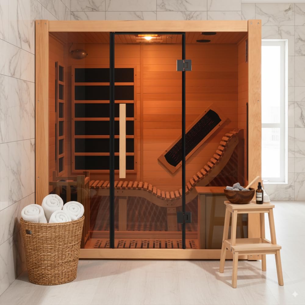 Dual System Sauna, Wooden Steam Room with Recliner or 1 Person Indoor Infrared Home Sauna, Indoor Saunas for Home with 220V, 4.5W Steam Sauna Heater, 7 Infrared Heaters, (Hemlock)
