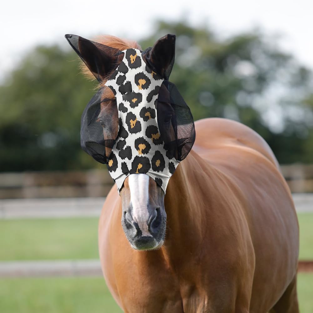 Maschera Antimosche per Cavallo, Maschera Mosche Cavallo Rete Morbida con Paraorecchie, Elasticità Maschera da Mosca per Cavallo con Protezione UV, Anti Mosca, Zanzare(stampa leopardata)