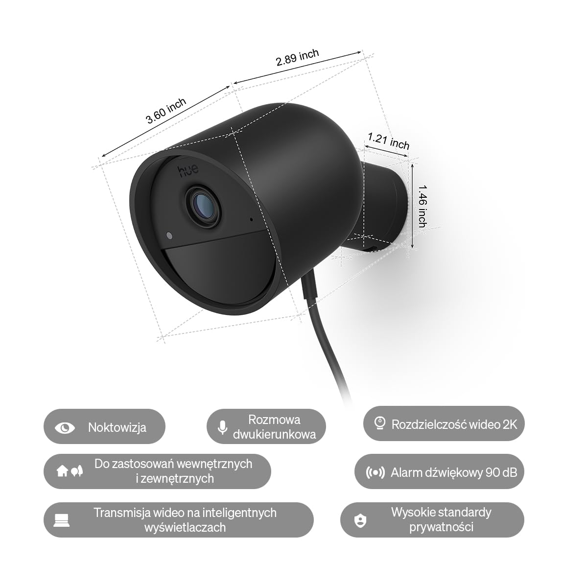 Philips Hue Secure kamera przewodowa, rozdzielczość 2K, powiadomienia o wykryciu ruchu, płynna integracja z oświetleniem Hue, ciągłe zasilanie przewodowe, do użytku wewnątrz i na zewnątrz, czarna