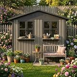 Gartenhaus Metall 254 x 170 cm, 4,33 m² Geräteschuppen mit 2 öffenbaren Fenstern & Blumenregal, abschließbare Doppeltüren, ohne Boden, Gerätehaus aus verzinktem Stahl, Braun