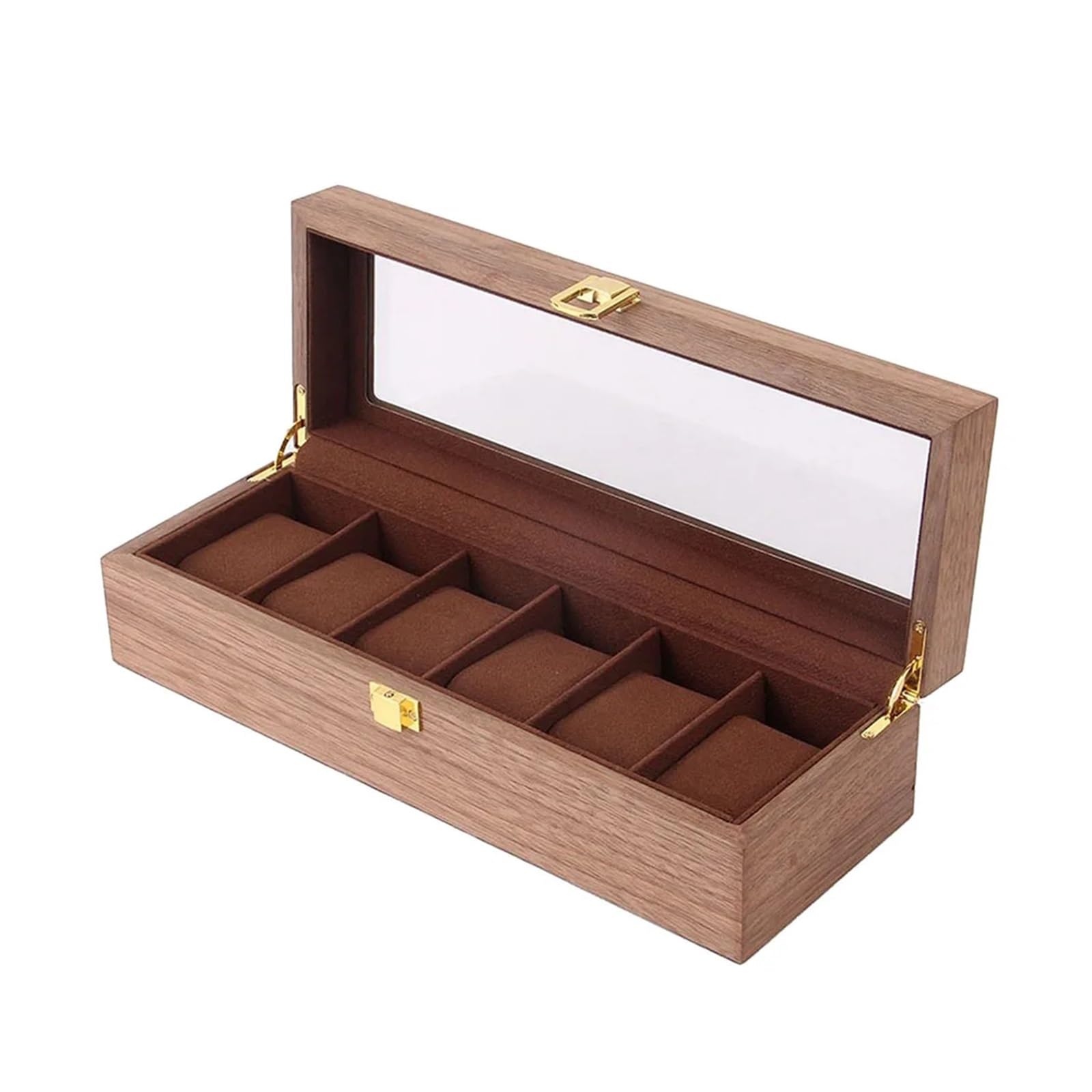 Uhrenbox 6 Slots Holz Uhr Display Box Fall Glas Top Locking Lagerung Organizer Uhr Organizer Display Halter Boxen for Männer Frauen Uhrenkoffer(BROWN02)