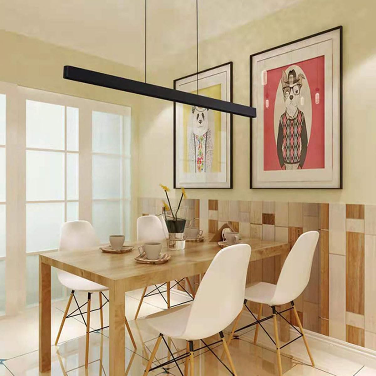Lampada a sospensione moderna a LED dimmerabile nera lunga striscia lampada a sospensione da tavolo da pranzo con telecomando Nuovo design lineare lampada a sospensione regolabile in altezza per