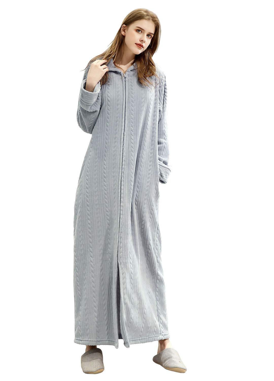 ZFSOCK Vestaglia Lunga Donna Invernale in Pile Morbido con Zip, Accappatoio in Flanella con Cappuccio, Vestaglia Microfibra da Notte per Casa Spa Hotel