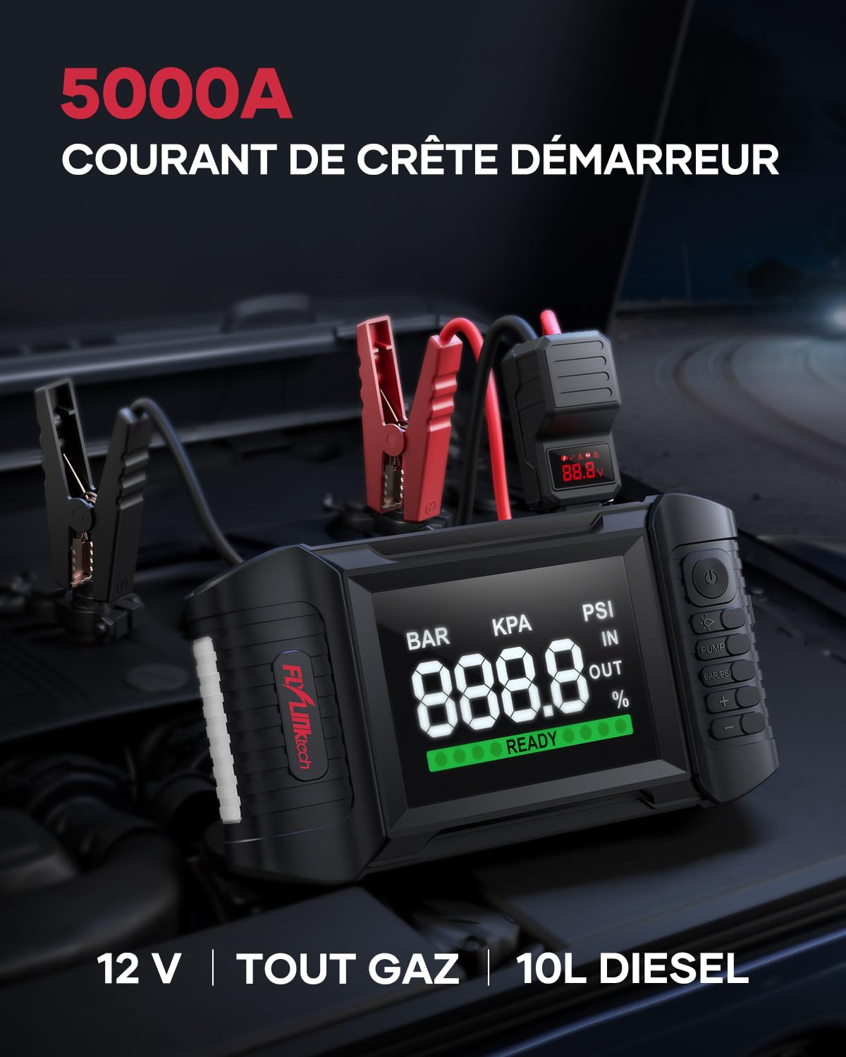 FLYLINKTECH 5000A Booster Batterie Voiture avec Compresseur，Portable Jump Starter (All gas/10,0 L Diesel) 12V Demarreur Batterie Voiture avec Gonfleur 150 PSI, Grand Écran LED, 160W DC Out, Lamp LED