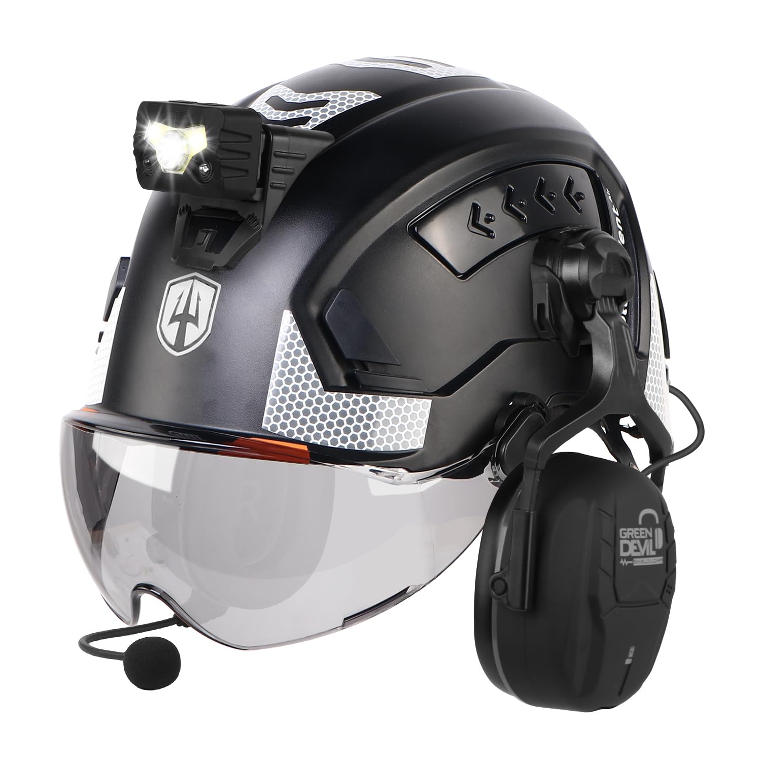 GREEN DEVIL VOLTEK Vent AIR Ultimate Set - Höhenarbeits-Schutzhelm EN12492 + Shield LD Bluetooth Gehörschutz + Getöntes Ersatzvisier + Intelligente Helmleuchte