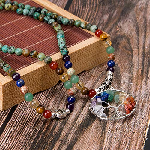 Bivei 108 Mala Beads Bracelet - 7 Chakra Tree of Life Real Healing Gemstone Yoga Meditation Mala Prayer Bead Necklace3