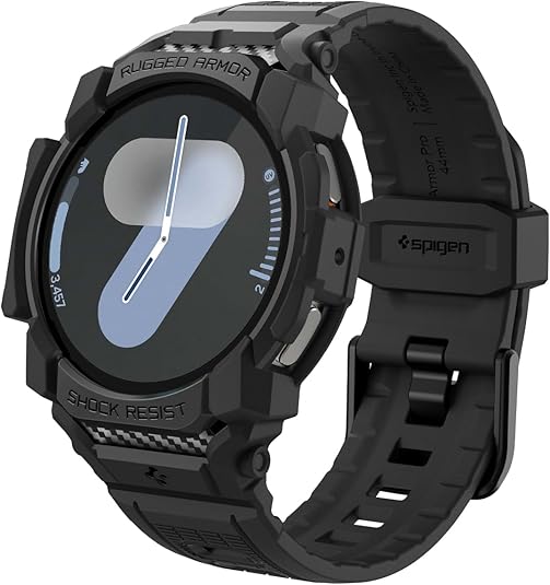 Spigen Rugged Armor Pro Designed for Samsung Galaxy Watch 7 44mm Case with Band Protective TPU Cover with Strap (2024) - Matte Black