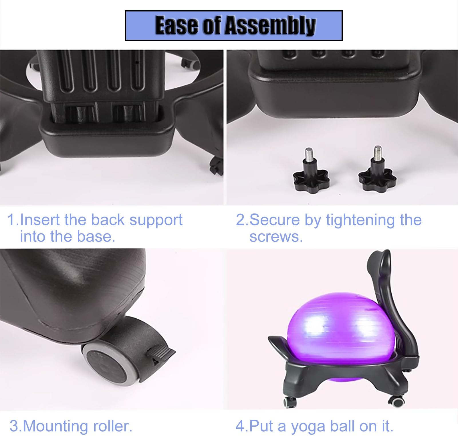 CMYUN Sitzball Stabilitätsübungsballstuhl für Büro, Schwarzer Yoga-Ballstuhl mit Rollen und Rückenstütze, PVC-Balanceballsitz zur Linderung von Rückenschmerzen