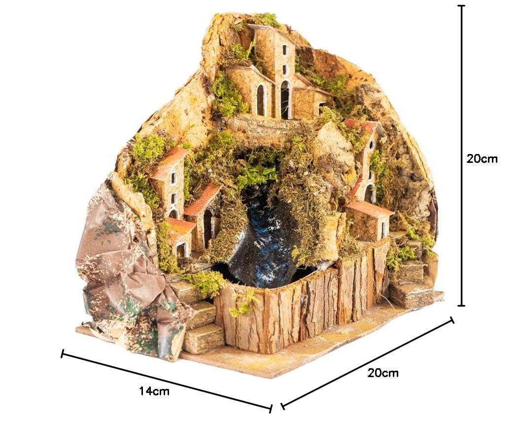 Holyhome Borgo con Ruscello per Presepe con case 20x14x20 cm (7,87x5,51x7,87 Inch), Prodotto Realizzato a MAno, Made in Italy (Ruscello Laterale)